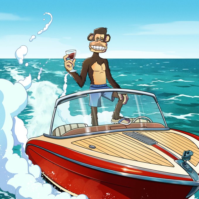 An animated chimpanzee stands barefoot on the bow of a speeding red-and-white speedboat, grinning widely while holding up a glass of red wine against a bright blue ocean backdrop, capturing the carefree, leisure vibes of a weekend getaway. The image ties directly to the post's reference to BAYC (Bored Ape Yacht Club), featuring the iconic NFT character enjoying a luxurious life overseas.