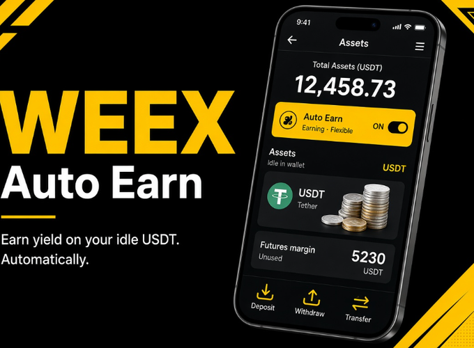 A promotional graphic for Weex's "Auto Earn" feature, showing a mobile app interface displaying total assets of 12,458.73 USDT with an enabled toggle for Auto Earn (Flexible) and a futures margin balance of 5,230 USDT, alongside the tagline "Earn yield on your idle USDT. Automatically."—directly addressing the post's concern about overlooked idle USDT by offering a hands-off solution to put that unused capital to work.