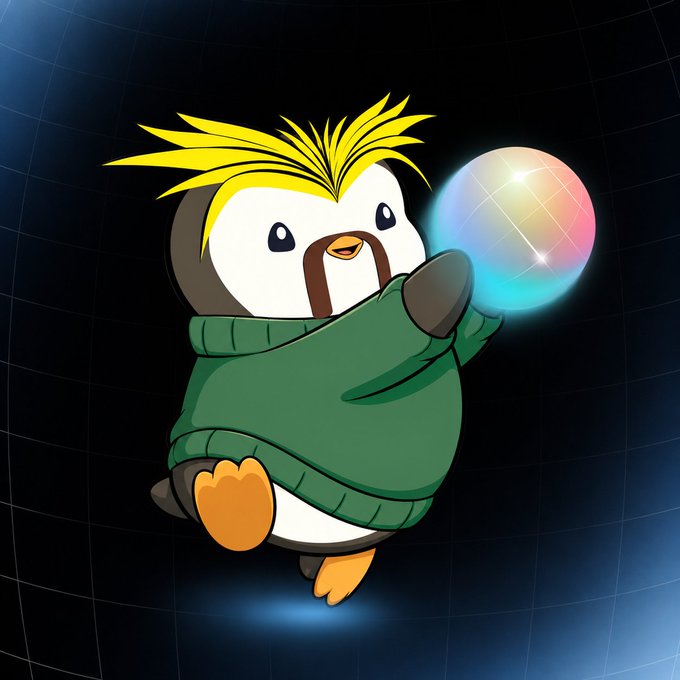 A cartoon penguin with spiky yellow hair and a green sweater floats in a dark, grid-like space, reaching out to touch an iridescent glowing bubble. The image ties into the post's theme of "taking over the World," with the penguin symbolizing playful ambition toward the @world_xyz platform and the Solana Perp Dex hype.