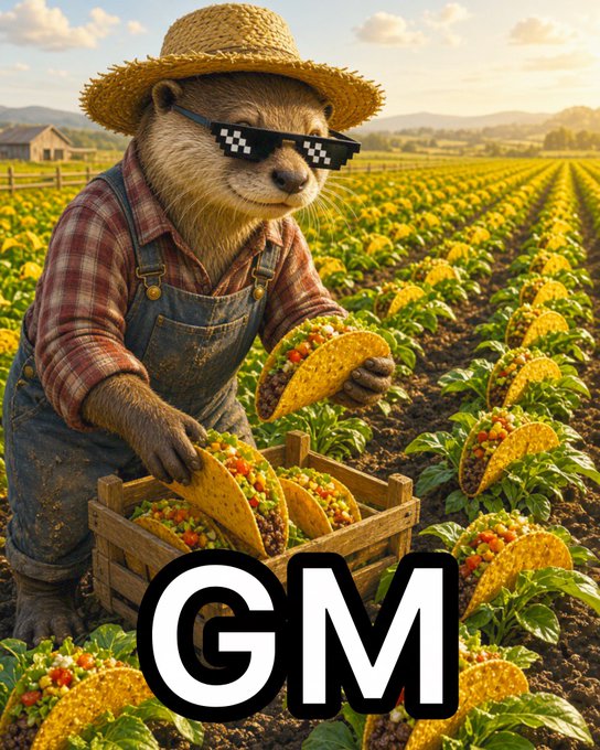 An AI-generated illustration of an otter farmer wearing a straw hat, pixelated sunglasses, and overalls, harvesting tacos from a field, with 'GM' (Good Morning) text overlaid.