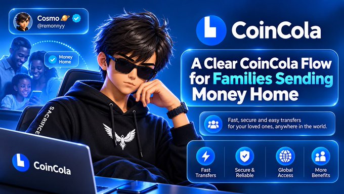 An advertisement for CoinCola featuring an anime-style character in a hoodie and sunglasses, promoting secure money transfers for families.