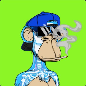 A cartoon NFT-style illustration of a blue ape wearing a backwards blue cap and sunglasses, smoking a cigar with smoke trailing upward against a bright green background.