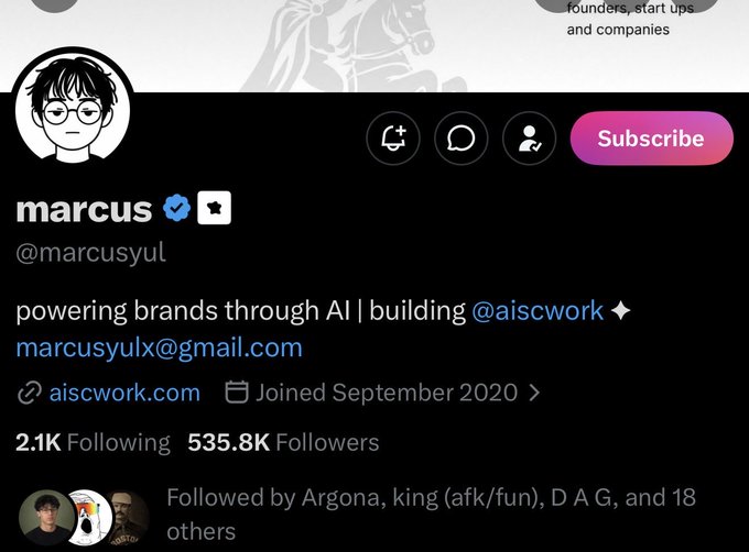 The image shows the X (formerly Twitter) profile of "marcus" (@marcusyul), a verified user with 535.8K followers, describing themselves as "powering brands through AI | building @aiscwork." The profile lists contact email marcusyulx@gmail.com and notes the account joined September 2020. This relates to the post, which mentions a funding campaign for @marcusyul with a Solana token address where 100% of fees are redirected to support them.