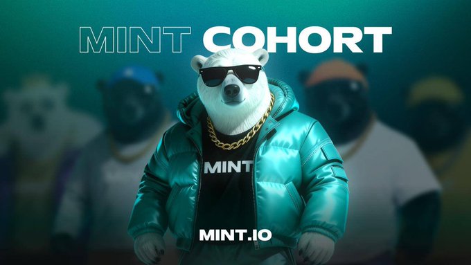 A promotional graphic for 'MINT COHORT' shows a polar bear wearing sunglasses, a gold chain, and a teal puffer jacket over a 'MINT' shirt, with other bears blurred in the background and 'MINT.IO' at the bottom.