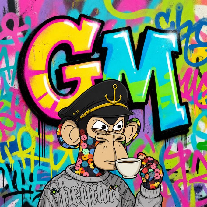 A colorful graffiti-style digital illustration features a monkey wearing a captain's hat and holding a teacup, set against a vibrant background with large yellow and blue letters spelling 'GM'.
