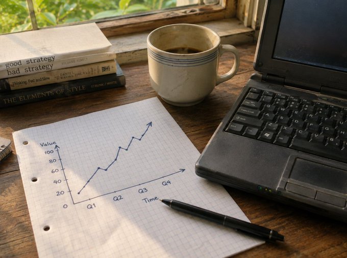 Photograph of a wooden desk with an upward-trending line graph drawn on grid paper, accompanied by a coffee mug, stacked books ('Good Strategy Bad Strategy', 'Thinking, Fast and Slow', 'The Elements of Style'), and a black laptop.