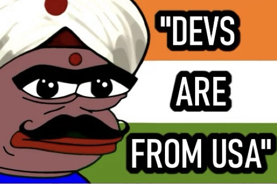 A cartoon illustration of a man wearing an Indian-style turban with a red bindi, set against the Indian flag background with the text "DEVS ARE FROM USA".