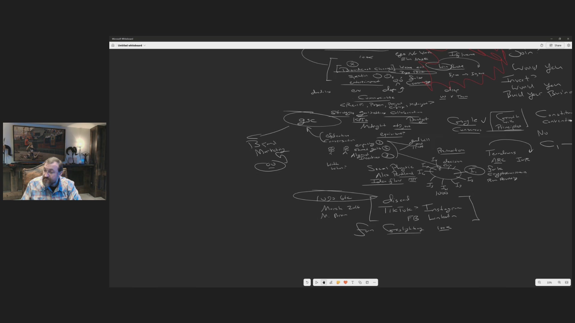 The image shows a large graph displayed on a computer screen, which appears to be connected to a live video stream of someone speaking into a microphone. The person speaking is wearing blue jeans and has an animated facial expression as they discuss something related to Charles' decentralized system or blockchain network. The focus should be on the content being presented in the image and its relevance to the discussion happening simultaneously online, rather than being distracted by other elements in the image.