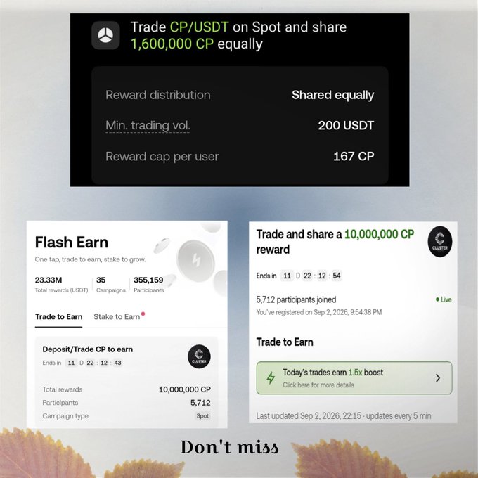 Screenshots of cryptocurrency trading promotions show 'Trade CP/USDT on Spot and share 1,600,000 CP equally' and a 'Flash Earn' campaign with 10,000,000 CP rewards.