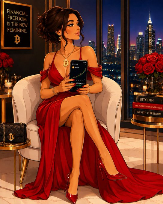 A stylized digital illustration depicts a glamorous woman in a red gown holding a smartphone displaying a rising Bitcoin chart, seated in a luxury high-rise with the text 'FINANCIAL FREEDOM IS THE NEW FEMININE' and 'BITCOIN: THE FUTURE IS DECENTRALIZED WEALTH IS FREEDOM'.