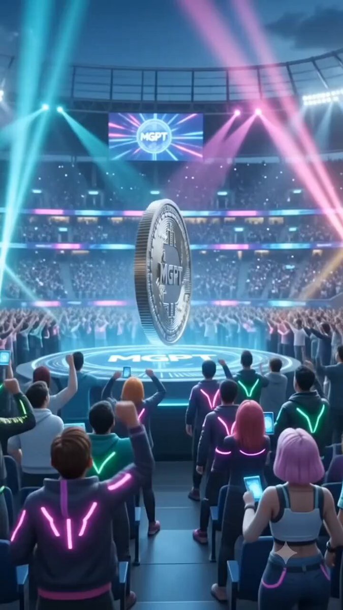 The image shows a large crowd of people gathered around an arena, with a coin being thrown into the air by someone standing at the center. The coin has the words "MGPT" written on it, which could be related to Bitcoin or another cryptocurrency. The audience is watching intently as the coin hovers in mid-air above them.