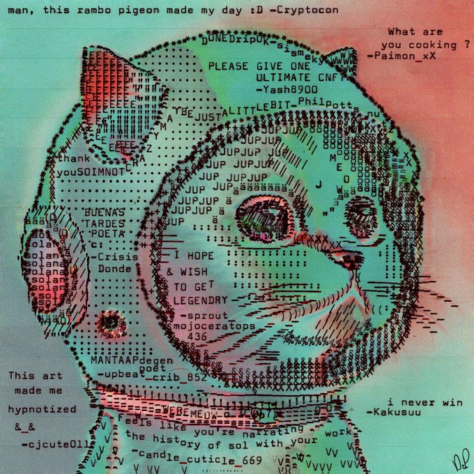 A digital ASCII art illustration of a smug-looking cat/doge rendered in teal, coral, and black pixels, surrounded by chat messages like "man, this rambo pigeon made my day :D -Cryptocon" and "This art made me hypnotized &_& -cjcute01le."

The image relates to the "gm" post as a whimsical piece of crypto community artwork shared in good morning fashion, featuring usernames like "sprout," "mojoceratops 436," and "Yash0900" that suggest it was created collaboratively by community members in an online chat.