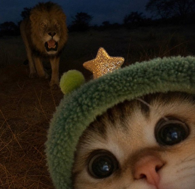 A humorous close-up photo of a cat wearing a green fuzzy hat with a gold glittery star on top, with a roaring lion visible in the background on the African savanna at dusk.