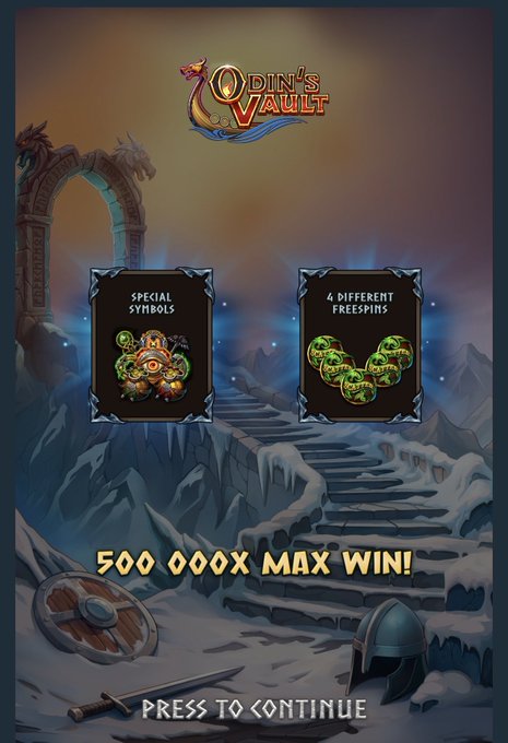 A promotional graphic for the new slot game "Odin's Vault" featuring a Norse-themed mountain scene with dragon archways, highlighting "500 000X MAX WIN!" and showing special symbols with "6 DIFFERENT FREESPINS," along with "PRESS TO CONTINUE" at the bottom, directly advertising the game mentioned in the post's giveaway announcement.