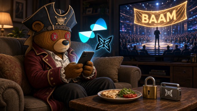 A digital artwork of a wooden pirate bear character sitting on a couch looking at a smartphone, with floating logos including one with 'BAAM' text, a padlock on the table, and a pizza plate.