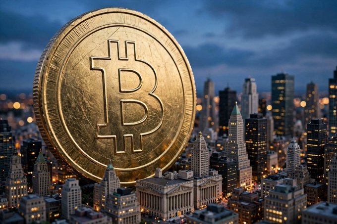 A large gold Bitcoin coin standing prominently against a backdrop of a city skyline at dusk with illuminated buildings.