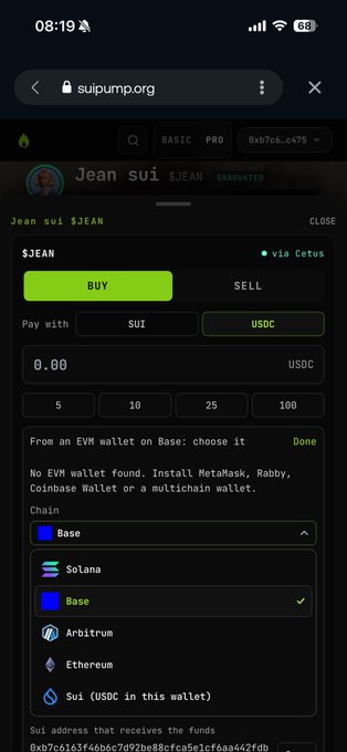 A mobile screenshot of suipump.org showing the $JEAN token trading interface, where users can now "BUY" with USDC (selected as the payment method) on the Base chain, illustrating the post's announcement that USDC swaps are now live on SuiPump for seamless purchases using USDC held in a Sui wallet.
