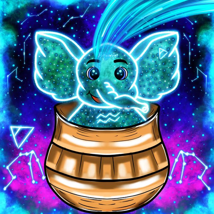 A digital illustration of a cute blue elephant baby named 'Aquarius' (zodiac sign) sitting inside a glowing golden pot, set against a vibrant cosmic background of stars and constellations.