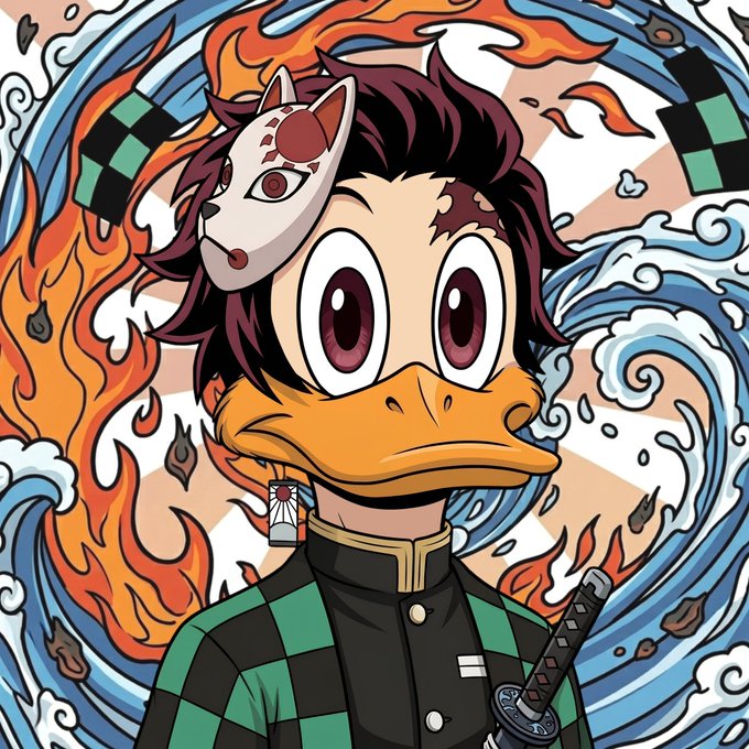 The image features a cartoon duck with a mask, possibly inspired by a character from the anime "Dragon Ball Z", standing against a background of flames and waves. The duck has a sword in its right hand, adding an element of action or adventure to the scene. The caption below the image reads, "Got this @headuck_avax yesterday Insane art and insane 1/1 hand drawn project! Really love it". This suggests that the artist behind the cartoon is known for their unique and creative style, which has been appreciated by others who view the post.