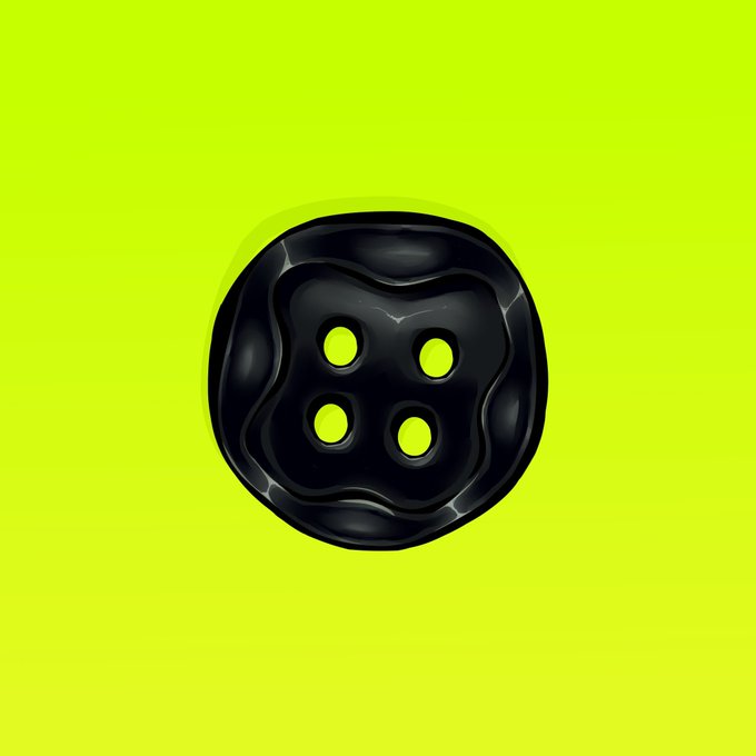 A 3D rendering of a black, organic, blob-like button with four holes in a square pattern, set against a bright yellow-green background.