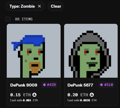 The image shows a marketplace listing filtered by "Type: Zombie" with 88 items, featuring two DePunk NFTs (#439 at 0.15 ETH and #510 at 0.20 ETH) with green-skinned zombie characters. This relates to the post highlighting opportunities to acquire @depunksClub NFTs, emphasizing that purchasing these zombie DePunks at low ETH prices (with last sales as low as 0.001 ETH) is a missed chance to earn $DPUNK token rewards by promoting DeBots into Workers for fee distributions.