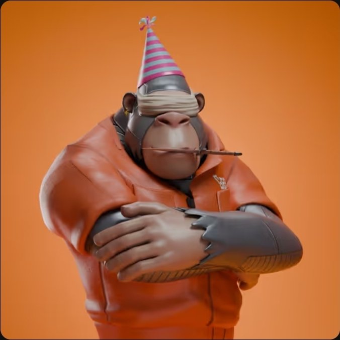 A 3D-rendered muscular chimpanzee character wearing an orange prison jumpsuit, a striped party hat, a blindfold, and a cigar clenched in its teeth against an orange background.