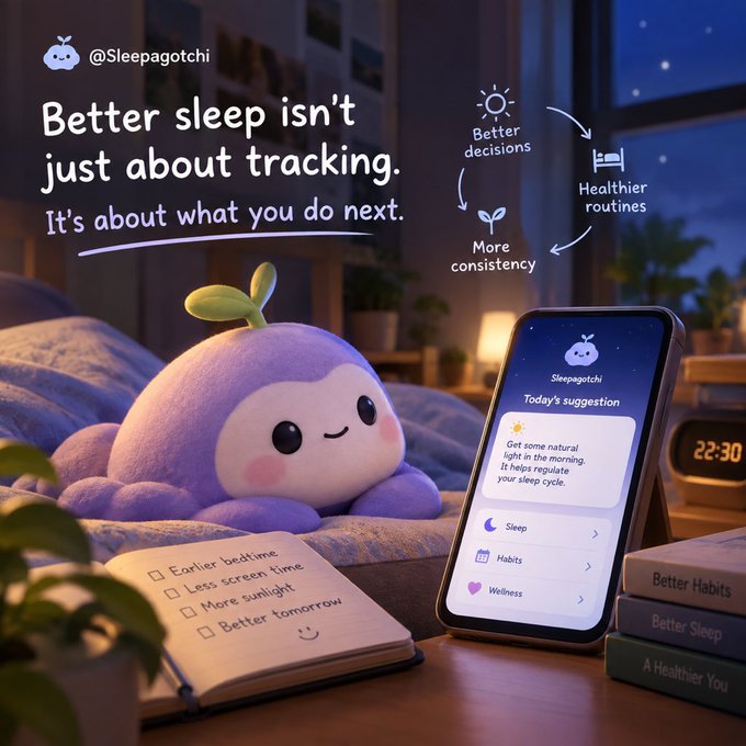 An advertisement for Sleepagotchi featuring a purple mascot plush toy with text 'Better sleep isn't just about tracking. It's about what you do next.' alongside a smartphone displaying today's suggestion.