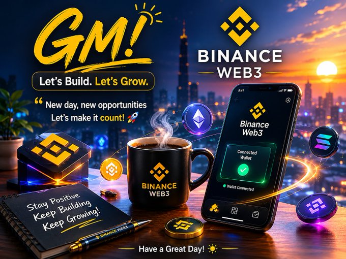The image features a smartphone with an app icon, which displays "GM Web3" written in yellow text. The phone also has a coffee cup next to it, suggesting that someone might be working or spending time using this device. In addition to these elements, there are several coins scattered around the scene, possibly representing transactions on the web3 platform.