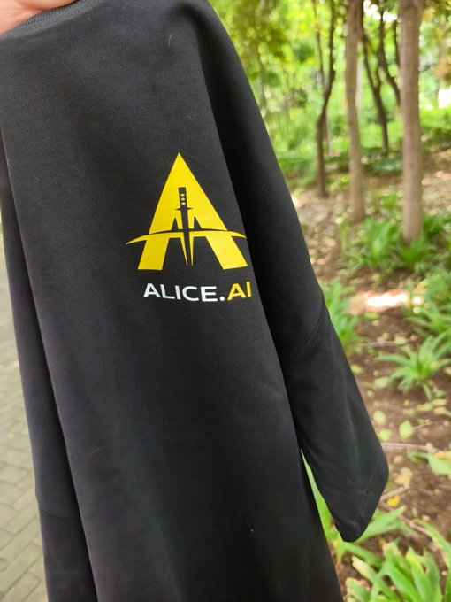 In this image, there's an aliceai sweatshirt hanging up against a tree line background. The sweatshirt has a yellow logo with the letters "A" and "I" printed on it. The text "alice.ai" is also visible in the image. The sweatshirt appears to be black in color, which contrasts nicely with the yellow logo.