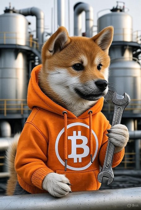 An AI-generated Shiba Inu dog wears an orange hoodie featuring the Bitcoin ₿ logo while holding a wrench, set against an industrial backdrop of tanks and pipes—visually riffing on the "$DOG" caption by blending classic Doge mascot imagery with Bitcoin aesthetics and blue-collar "grind" energy.