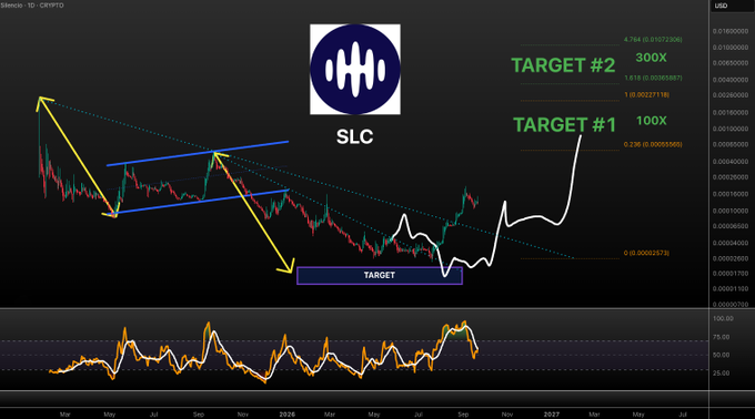 A cryptocurrency trading chart showing the 'SLC' token with technical analysis markings, featuring targets at 100X and 300X against a price scale measured in USD.
