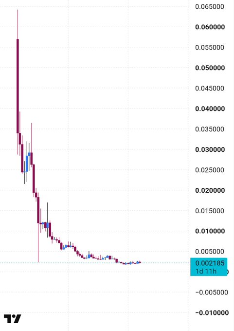 A cryptocurrency chart shows a steep price decline from a high of approximately $0.065 down to $0.002185 (a 1-day 11-hour 97% drop), likely depicting the post-pump crash of a low-cap memecoin similar to the $AKE that the post references as a potential "next gem" alert.