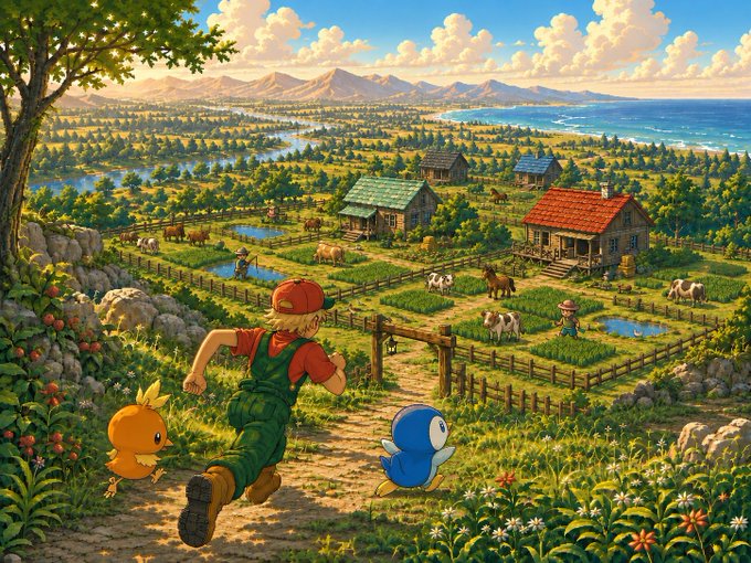 A young trainer in overalls and a red cap runs down a dirt path through a lush countryside ranch, accompanied by Torchic and Piplup, with a vibrant Pokémon farm scene stretching out below featuring corrals, farmhands, and grazing Pokémon—visually echoing the post's invitation to list TCG cards in the world of $GYM's ranch areas and earn rewards as players attempt to catch them.