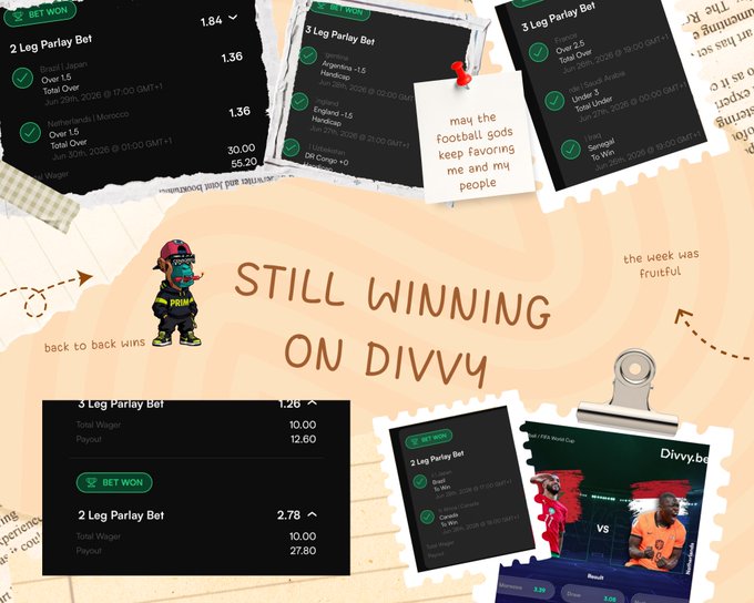 A collage of sports betting screenshots showing winning parlay bets with 'STILL WINNING ON DIVVY' text and a note saying 'may the football gods keep favoring me and my people.'