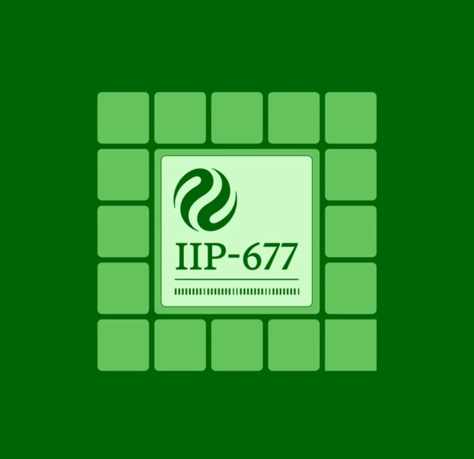 A green-themed app icon or logo design features a central tile displaying 'IIP-677' alongside a stylized leaf-like emblem, surrounded by a grid of smaller green squares.