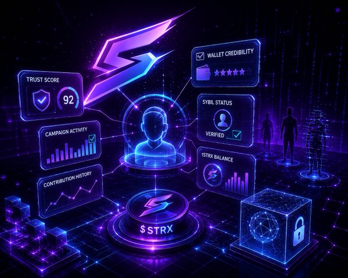 A neon purple and blue digital dashboard visualizes a TRON (TRX) ecosystem, displaying a user profile with metrics including Trust Score (92), Wallet Credibility, Sybil Status (Verified), Campaign Activity, Contribution History, and $STRX Balance.
