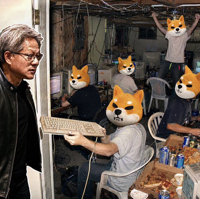 Jensen Huang looks on as individuals wearing Shiba Inu masks work on computers in a cluttered room filled with pizza boxes and energy drinks. This image humorously depicts "Jensen joining X" by showing him observing a crypto-enthusiast community.