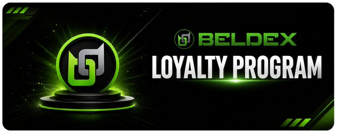 The image displays a sleek promotional graphic for the "BELDEX LOYALTY PROGRAM," featuring the project's green and black logo on a glowing pedestal against a dark, particle-filled background. It visually reinforces the post's message about rewarding users for ecosystem participation, as the banner announces the loyalty initiative tied to the @BeldexCoin community.