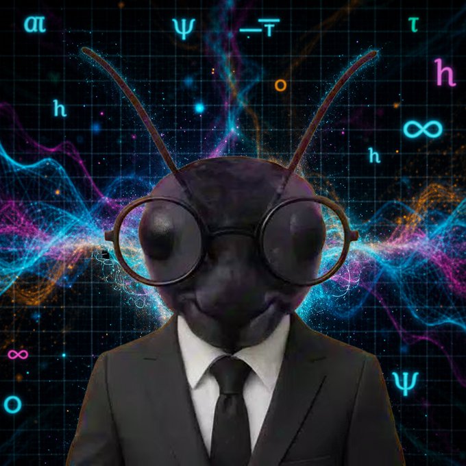A surreal digital artwork features an ant-headed figure in a business suit and tie wearing round glasses, set against a cosmic background of glowing waves and Greek letters like ψ, τ, h, and ∞.