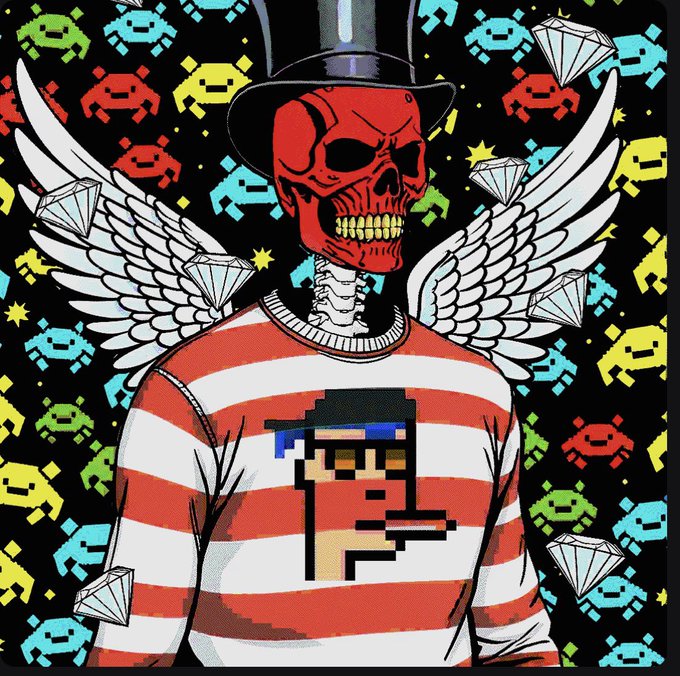 A colorful graphic illustration depicts a red skull wearing a top hat and winged shirt, featuring an 'F' character on its chest, surrounded by retro space invader pixel art and diamonds.