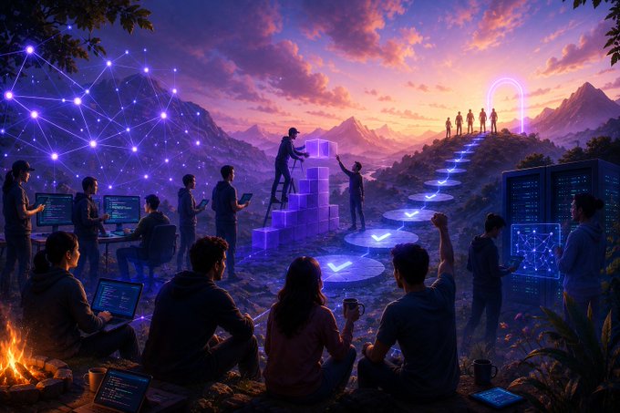 A vibrant digital artwork showing a group of people gathered around glowing purple blockchain structures and computer screens at sunset, with figures ascending a staircase of checkmarks toward a portal on a hill.