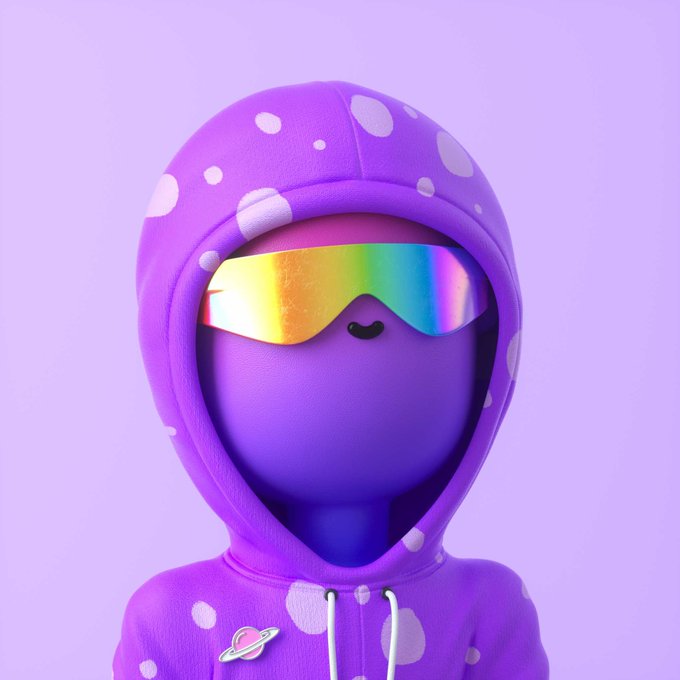 A purple hooded figurine with white polka dots wears a reflective rainbow visor and smiles cutely, with a small Saturn pin on its chest. The caption would be: "A purple polka-dotted Vibie wearing a holographic rainbow visor, matching the user's prized NFT profile picture that they finally acquired after months of trying."