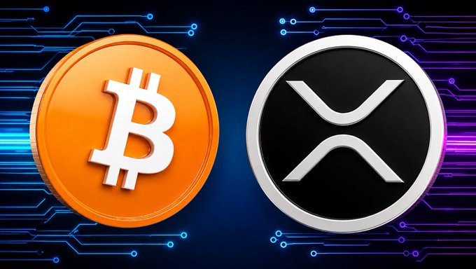 A digital illustration shows a golden Bitcoin coin next to a black XRP coin against a background of blue and purple circuit board patterns.