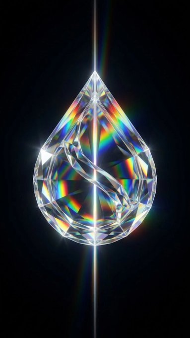A brilliant, prismatic teardrop-shaped crystal is suspended against a black background, splitting light into a vivid spectrum of rainbow colors. This dazzling, high-resolution gem serves as the perfect "gm" wallpaper, adding a sleek and eye-catching aesthetic to any phone screen.