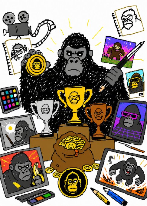 A cartoon gorilla king wearing a golden coin medallion sits atop a pile of trophies and a bag of $KONG coins, surrounded by sketchbooks, monitors, and artwork of gorilla meme variations. The vibrant illustration visually promotes the "$1,000 worth of $KONG" meme contest by showcasing creative static and animated gorilla-themed content.