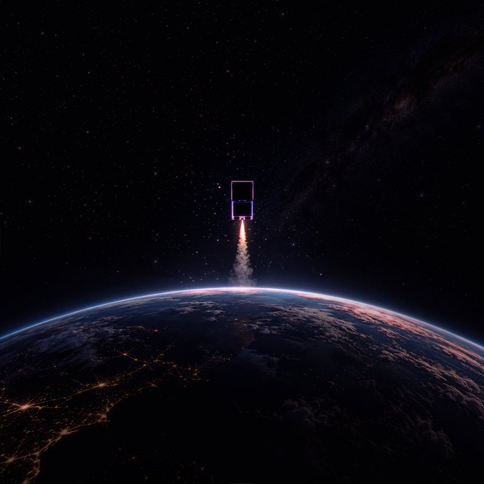 A rocket launches from Earth into a star-filled cosmos, its glowing plume trailing behind as it ascends beyond the planet's illuminated horizon, visually evoking the "lift off" sentiment of promoting the PSG1.