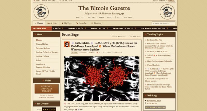 A screenshot of a website titled 'The Bitcoin Gazette' featuring an article dated April 2026 about 'RUINISKUL' launching on the Ordinals market, with a surreal image of red voxels.