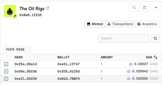 A screenshot of the OpenSea contract page for "The Oil Rigs" (contract 0xBe6...1f235) showing three successful FCFS RIGS mints with gas fees around 0.02027-0.02092 GWEI, reflecting the poster's account of successfully claiming 3/3 NFTs from TheSaudisNFT FCFS drop.