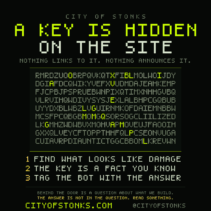 A promotional puzzle image for "City of Stonks" displays a hidden key hunt challenge with a grid of random letters, instructions to find damage-looking elements, identify a key as a fact, and tag the bot with the answer, linking to cityofstonks.com and discord.gg/cityofstonks.