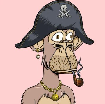 urn of gold coins, pirate hat with skull and crossbones, pipe, chain, and gold medallion on chest.